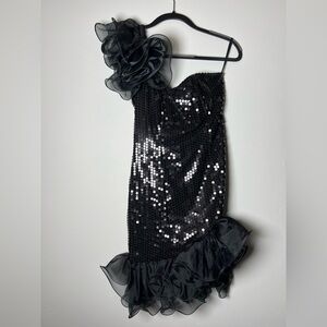 Flirtations Dress Black Sequin One Shoulder Cocktail Ruffle Trim Size 2/4 Prom